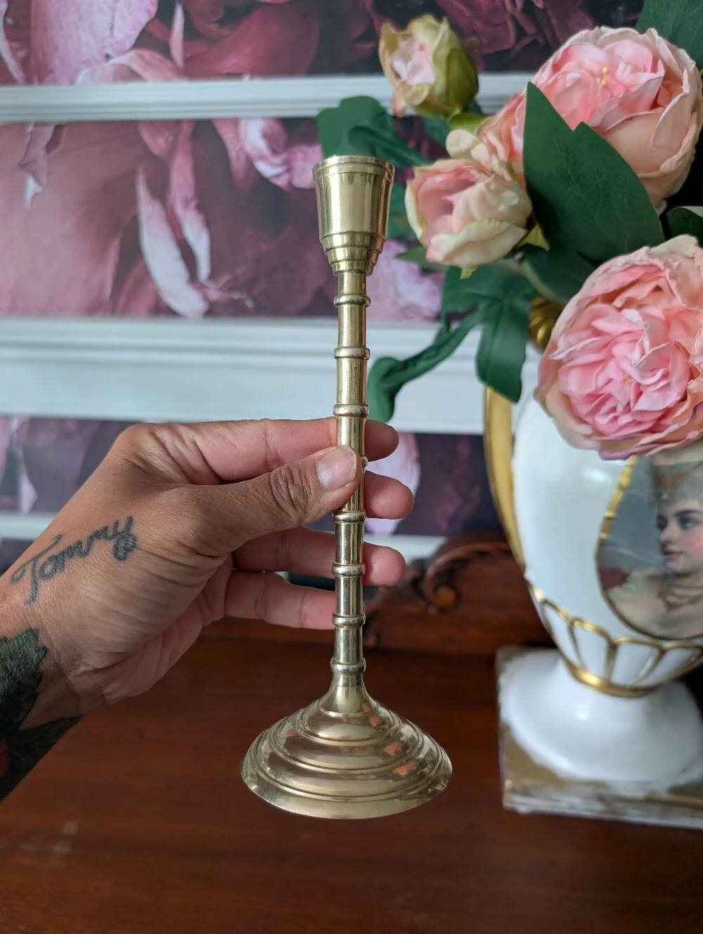 Vintage, tall brass taper candle holder, slender, turned column design, India